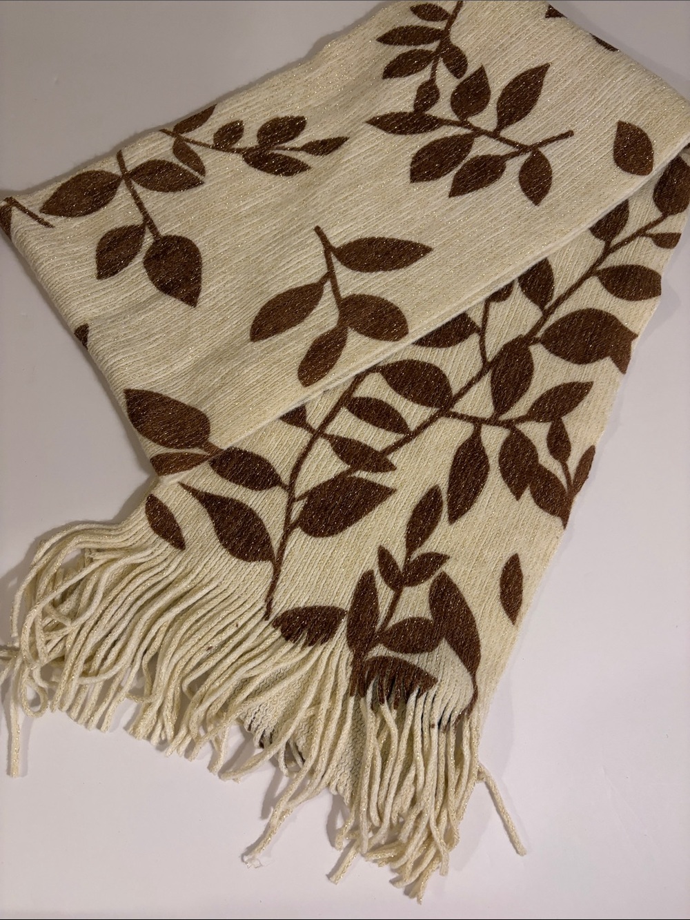 Cejon Gold Shimmer Scarf with Brown Fall   Leaves on a White background Size OS
